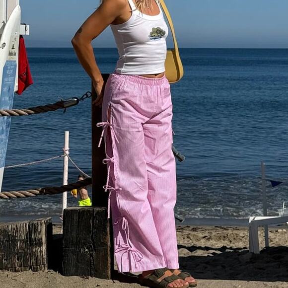 Lisa Says Gah Evelyn Tie Pant in Pink Stripe Pinstriped Bow Tie Breezy Pants 3XL - Picture 5 of 7